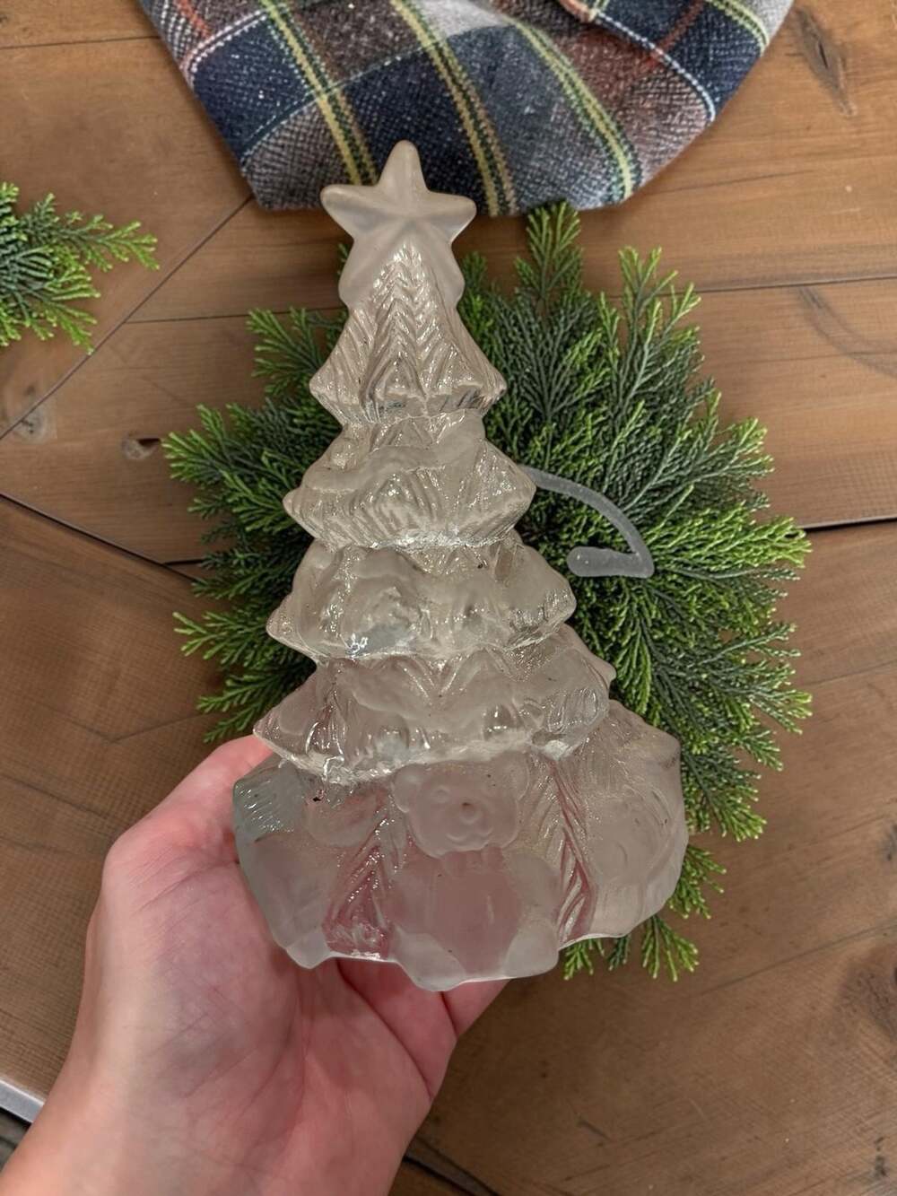Frosted Glass Christmas Tree Tealight Candle Holder Teddy Bear Holiday Decor